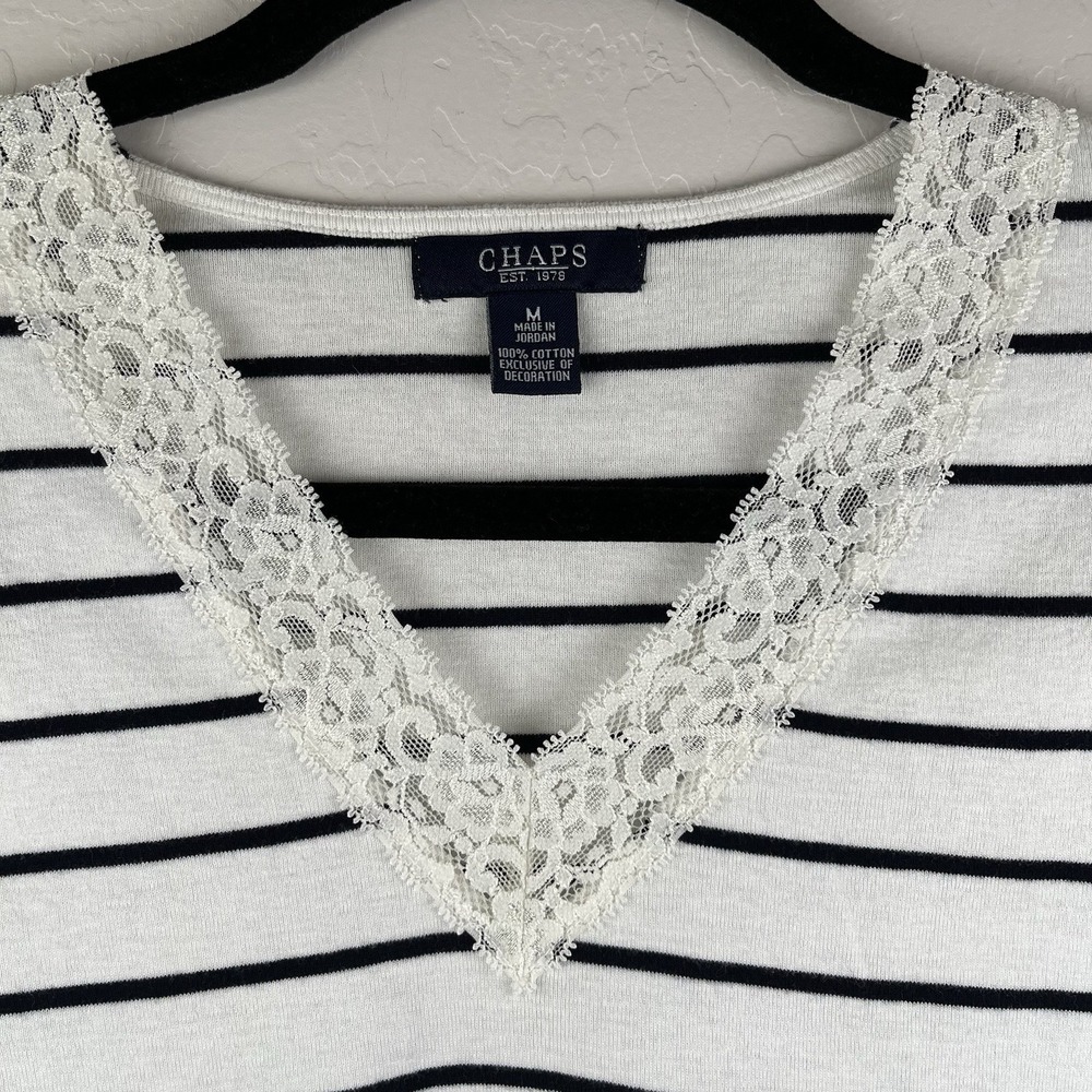 Chaps Ralph Lauren Short Sleeve Women's Sz M Striped Lace V-neck Western Cottage - Picture 2 of 9